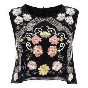 NWT Needle & Thread Luxe Black Sequin Beaded Floral Romantic Glam Crop Top, M